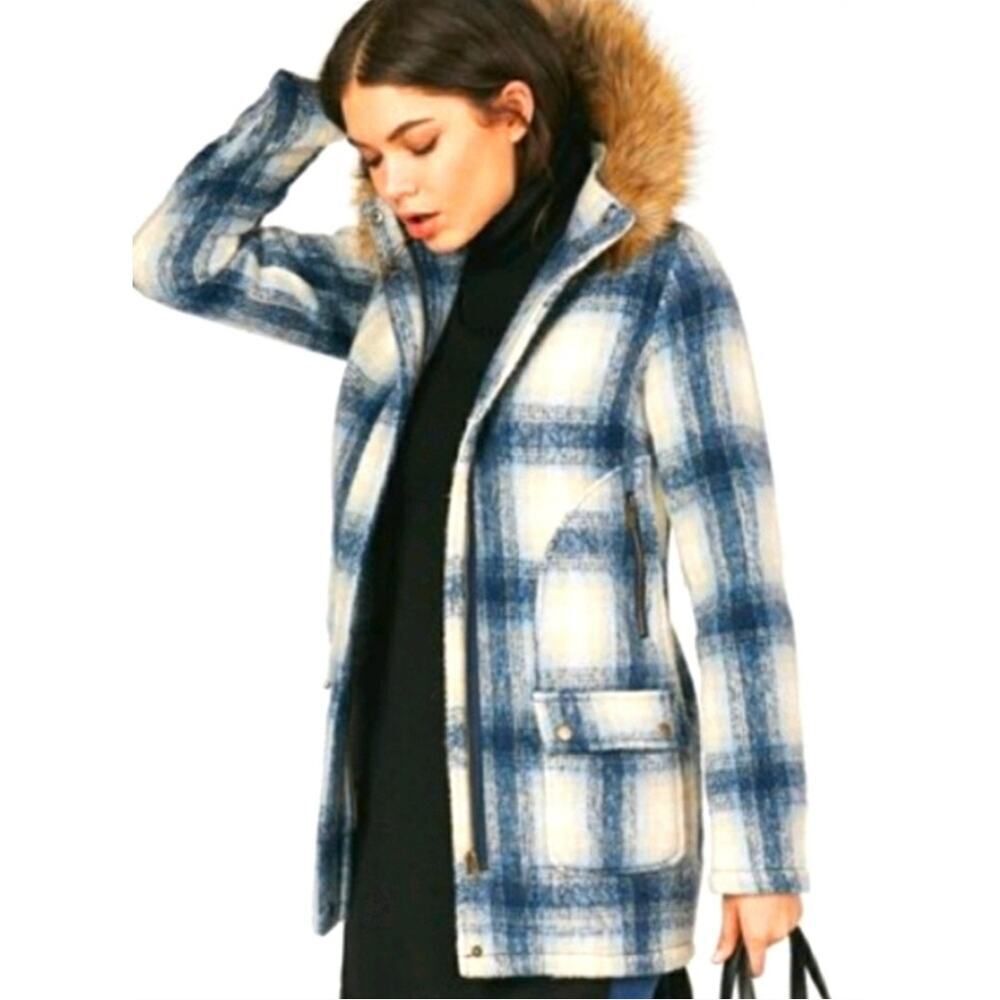 JustFab Plaid Hooded Faux Wool Coat/Jacket. Blue Size XXL